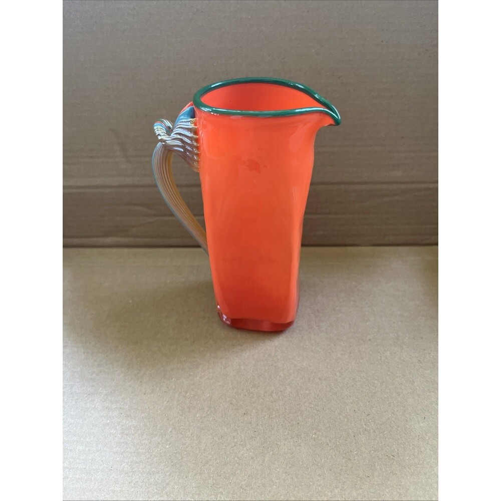 Pitcher Small Hand Blown Art Glass  Accent Red With Green Rim Vintage Signed